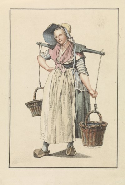 Boerenvrouw met twee manden aan een juk door Mathias de Sallieth