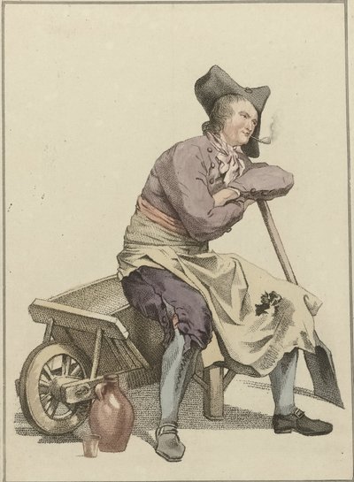 Man zittend op de rand van een kruiwagen door Mathias de Sallieth
