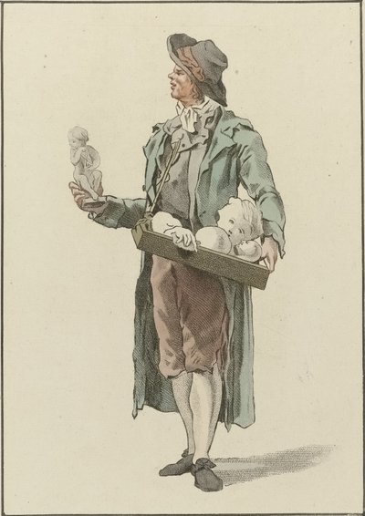 Straatventer met gipsbeeldjes door Mathias de Sallieth