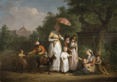 Une famille noble distribue des aumones dans un parc door Mathieu Ignace van Bree