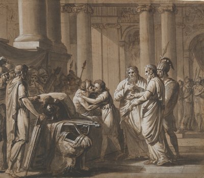 Scène uit de Romeinse geschiedenis, een jongeling ontvangt wapenrusting van een stervende door Mathieu Van Brée