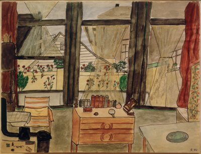Max Beckmanns slaapkamer bij geopend gordijn door Mathilde Beckmann