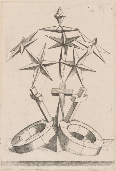 Een perspectief van zeven sterren gebalanceerd op drie kruisen door Mathis Zündt, after Hans Lencker