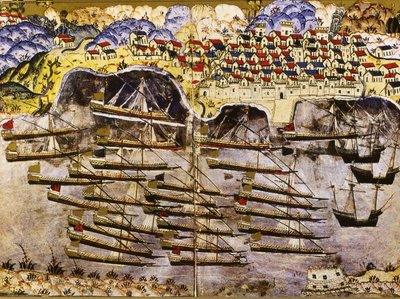 De vloot van Barbarossa overwintert in de Franse haven van Toulon, 1543, Midden 16e eeuw door Matrakci Nasuh