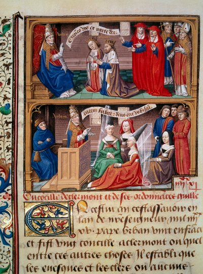 Voorstelling van het Concilie van Clermont in 1095 voorgezeten door paus Urbanus II die de eerste kruistocht predikt door Maître François