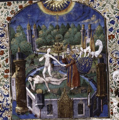 De schepping van Eva uit het lichaam van de slapende Adam uit De cleres et nobles femmes van Giovanni Boccaccio, 1450-1475 door Maître François