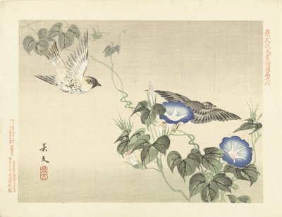 Twee vogels vliegend bij blauwe winde door Matsumura Keibun