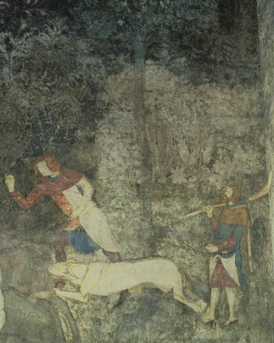 Mannen jagen met honden, detail van decoratief schema uit La Chambre du Cerf door Matteo Giovanetti