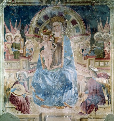 Maagd en Kind omringd door heiligen en engelen. Fresco door Matteo da Gualdo (ca. 1435-1507). Basilica van Sint Franciscus, Chiesa Superiore, Assisi door Matteo da Gualdo