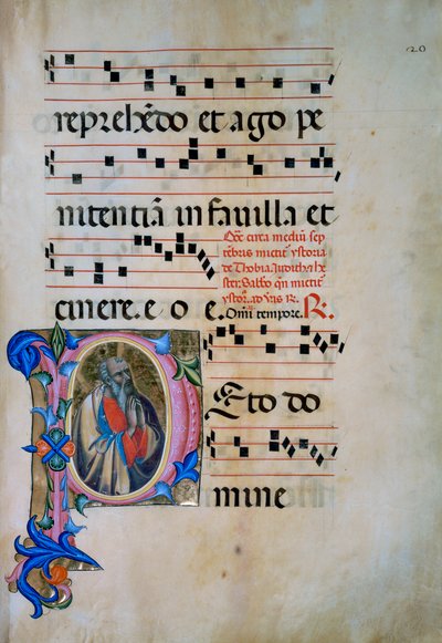 Verlichte initiaal met de figuur van Sint Michaël Aartsengel die de demonen verslaat (Corale 5, c. 105v), voor koorboek 5 van Santa Maria degli Angeli door Matteo di Filippo Torelli