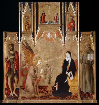Aankondiging met Heiligen Johannes de Doper, Bernardinus van Siena; Kruisiging, Heiligen Petrus en Paulus door Matteo di Giovanni