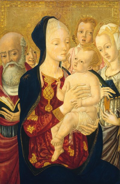 Madonna en Kind met Sint Hiëronymus, Sint Catharina van Alexandrië en Engelen, ca. 1465-1470 door Matteo di Giovanni