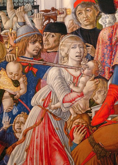 De Kindermoord, detail van een soldaat die een baby doorboort met zijn zwaard (detail) door Matteo di Giovanni di Bartolo