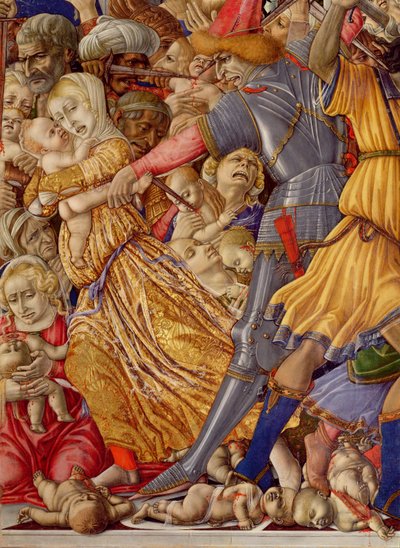 De Kindermoord, detail van een soldaat die zich voorbereidt om een kind te steken en omringende slachting (detail) door Matteo di Giovanni di Bartolo
