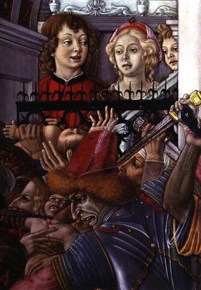 De Kindermoord, detail (twee toeschouwers die het bloedbad vanuit het paleis observeren) door Matteo di Giovanni di Bartolo