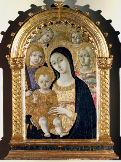 Maagd met Jezus kind, Sint Michaël, Sint Maria Magdalena door Matteo di Giovanni di Bartolo