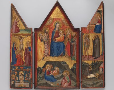 Madonna en Kind op de Troon met Heiligen..., en hieronder de Geboorte..., ca. 1380-90 door Matteo di Pacino