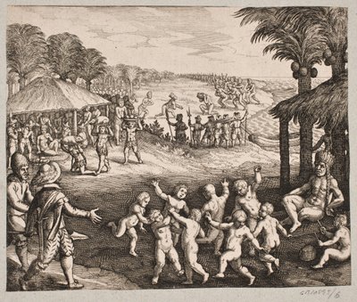 Over de wilde bereiding van voedsel, drankbereiding en hun dansen voor de koning door Matthäus Merian d.Æ.