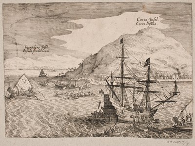 Over de landing van de Nederlanders op Cocos-eiland door Matthäus Merian d.Æ.