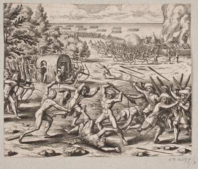 Zodra ze aankwamen bij de nederzetting van de wilden zag meneer St. John 300 Caribische mensen door Matthäus Merian d.Æ.