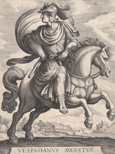 Keizer Vespasianus te paard, uit de serie De eerste twaalf Romeinse keizers, plaat 1..., 1610-50 door Matthaus Merian