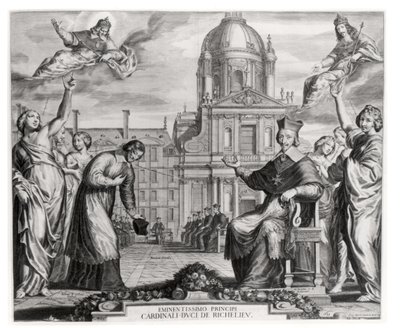 Robert de Sorbon (1201-94) en Kardinaal Richelieu (1575-1642) voor de Sorbonne, gegraveerd door Gregoire Huret (1606-70) 1639 door Matthaus the Elder Merian