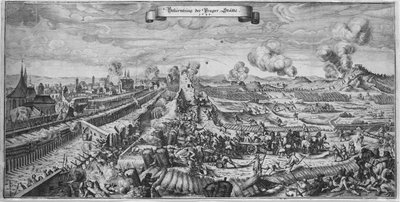 De slag om Praag op oktober 1648 door Matthaus the Elder Merian