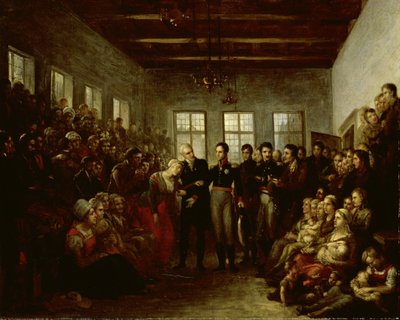 De Prins van Oranje bezoekt overstromingsslachtoffers in het Aalmoezeniersweeshuis, Amsterdam, op 14 februari 1825 door Mattheus Ignatius van Bree