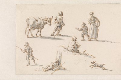 Aeneas en Dido schuilen in een grot (Ontwerpen voor schilderijen met episodes uit De Aeneas) door Mattheus Terwesten