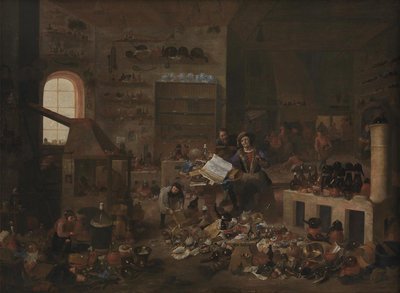 Een alchemist in zijn laboratorium door Mattheus van Helmont