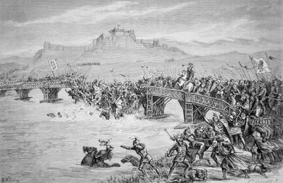 De instorting van de brug tijdens de Slag bij Stirling Bridge, in 1297 (gegraveerd door Roberts) door Matthew White (after) Ridley