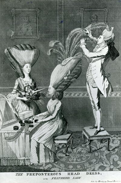 Het belachelijke hoofddeksel, of de gevederde dame, 1776 door Matthew or Matthias Darly
