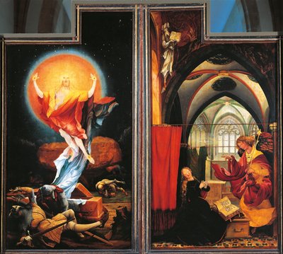 De Aankondiging en Opstanding van Christus, detail van het Isenheim Altaarstuk, ca. 1512-16 door Matthias (c.1480 1528) Grunewald