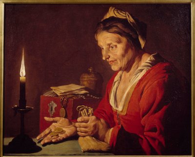 Hebzucht - Een oude vrouw kijkt naar haar goudstukken, die ze net uit haar schuilplaats heeft gehaald, bij het licht van een kaars door Matthias (c.1600 p.1650) Stomer