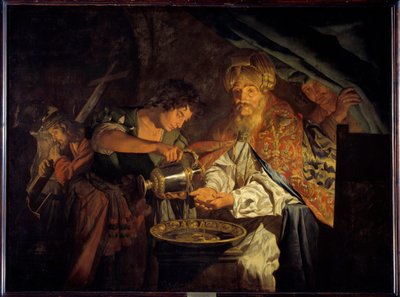 Pontius Pilatus wast zijn handen door Matthias (c.1600 p.1650) Stomer