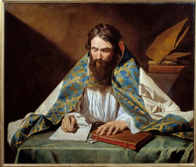 Portret van Sint Ambrosius (340-397), bisschop van Milaan - Schilderij door Mathias Stomer (Matthias Stom) (1600-1650) door Matthias (c.1600 p.1650) Stomer