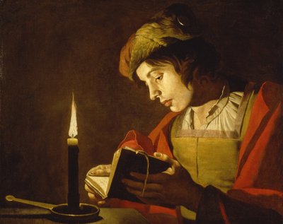 Een jonge man lezend bij kaarslicht door Matthias (c.1600 p.1650) Stomer
