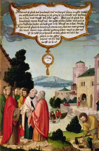 Het Koninkrijk der Hemelen is als een net, dat in de zee werd geworpen en vissen van elke soort verzamelde (Mattheüs 13) illustratie van Christus