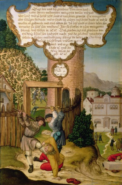 De wijnbouwers doden de erfgenaam van de wijngaard eigenaar, illustratie van Christus