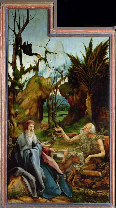 Het Isenheim Altaarstuk. Linkervleugel: Ontmoeting van Sint Antonius en Sint Paulus de Kluizenaar in de Woestijn door Matthias Grünewald
