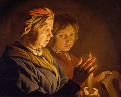 Oude Vrouw en een Jongen bij Kaarslicht, 1630-1650 door Matthias Stomer