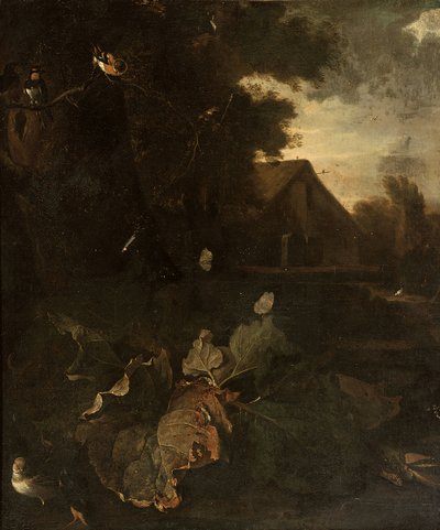 Stilleven van bosbodem met een vink, zwaluw, andere vogels en vlinders, landschap met een boerderij op de achtergrond door Matthias Withoos