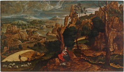Landschap met de rust tijdens de vlucht naar Egypte, 1540-1545 door Matthijs Cock