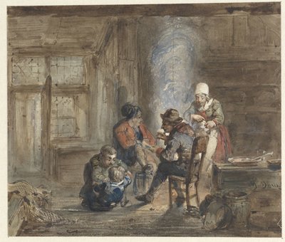 Interieur met een familie rond een haard door Matthijs Maris