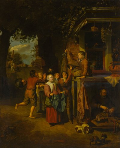 Kinderen spelen op straat voor een schoenmakerij door Matthijs Naiveu