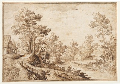Landschap met rivier en dorp, ca. 1501-1600 door Matthijs the younger (after) Bril