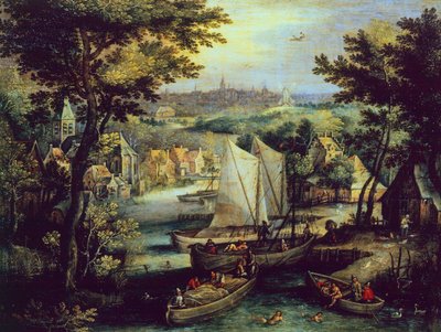 Rivierlandschap, door Mathys Bril de Jongere (1550-1583) door Matthijs the younger Bril