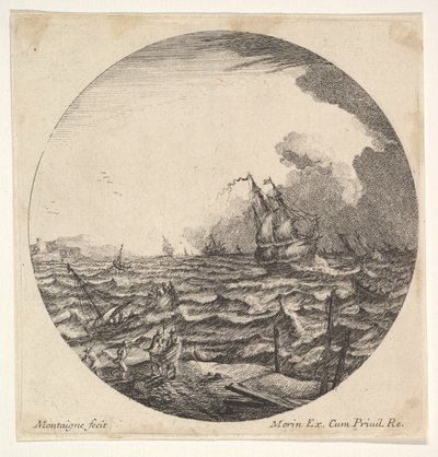 Storm in een ronde compositie, links golven een klein schip met zeven personen door Matthijs van Plattenberg