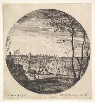 Winterlandschap met schaatsende figuren op bevroren water in een rondel compositie, ca. 1625-60 door Matthijs van Plattenberg