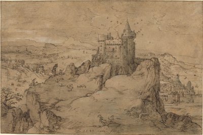 Landschap met Kasteel boven een Haven door Matthys Cock